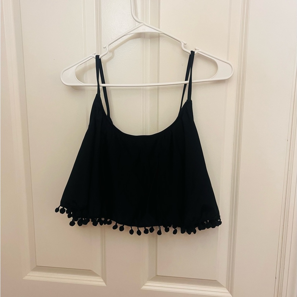 Black Pom-Pom Trim Women's Bathing suit top